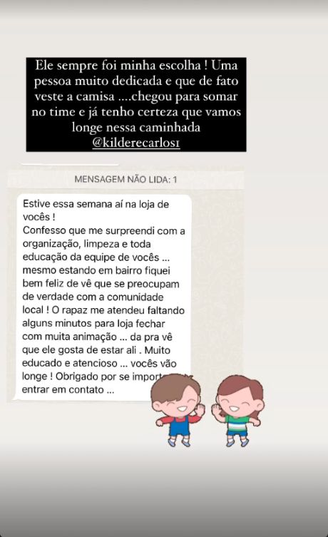 Print de WhatsApp: cliente elogia organização e limpeza da loja
